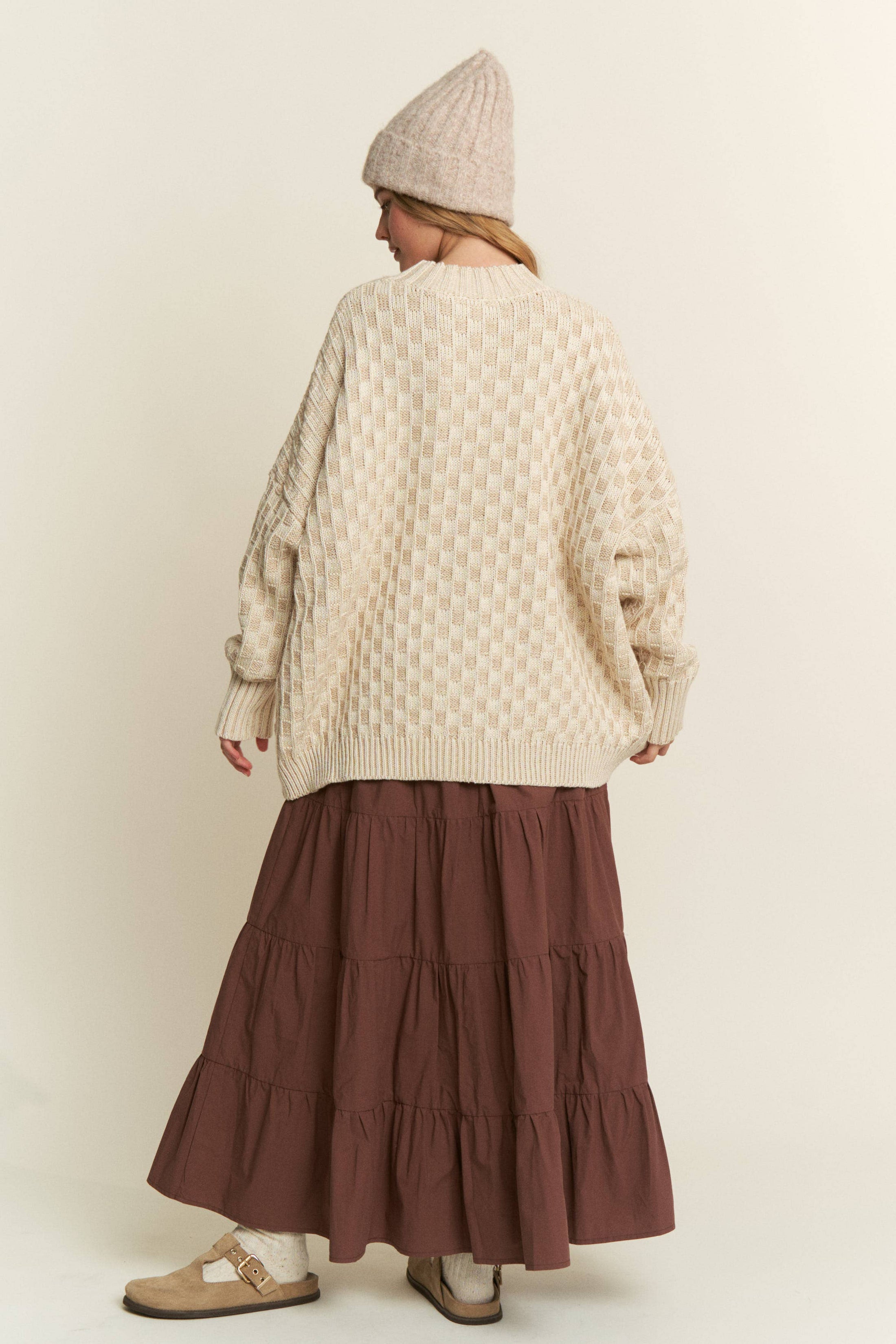Cleo Oversized Mock Neck Checkered Sweater