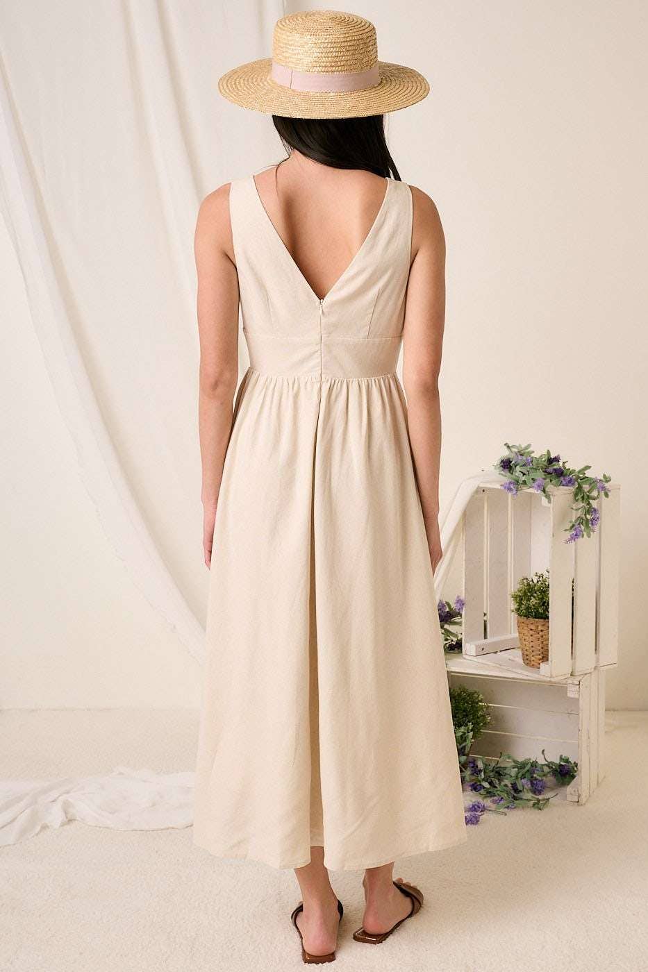 LINEN EMPIRE WAIST SLEEVELESS MIDI DRESS