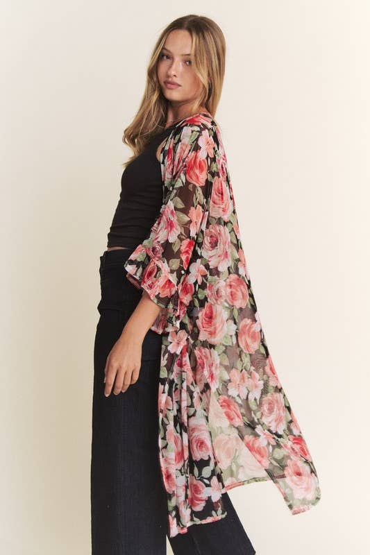 3/4 SLEEVE OVERSIZED LONG BODY FLORAL MESH KIMONO