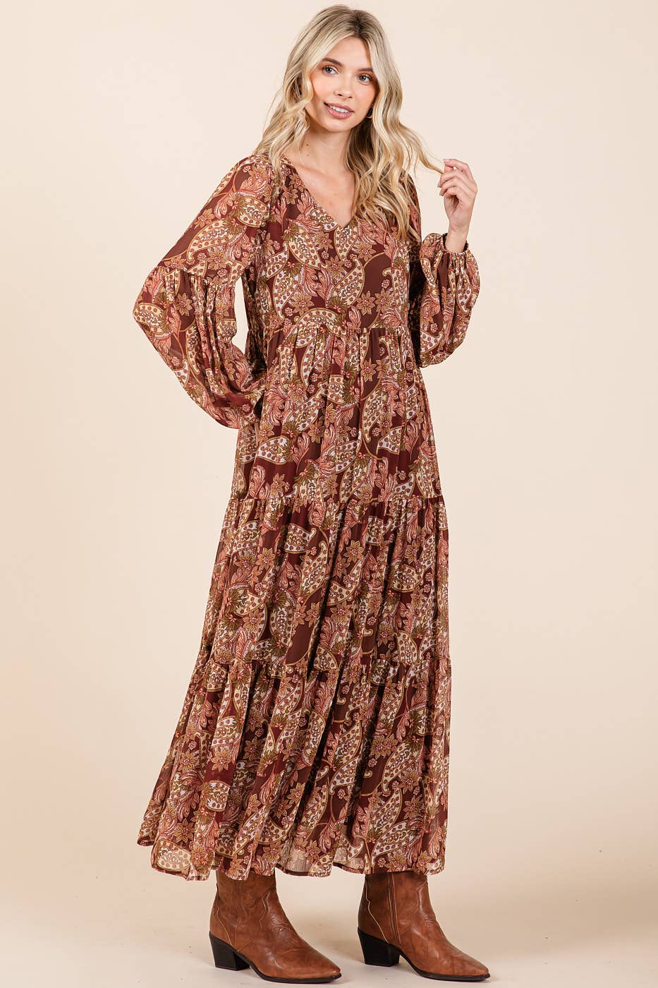 BOHO PAISLEY PRINT LONG SLEEVE TIER MAXI DRESS