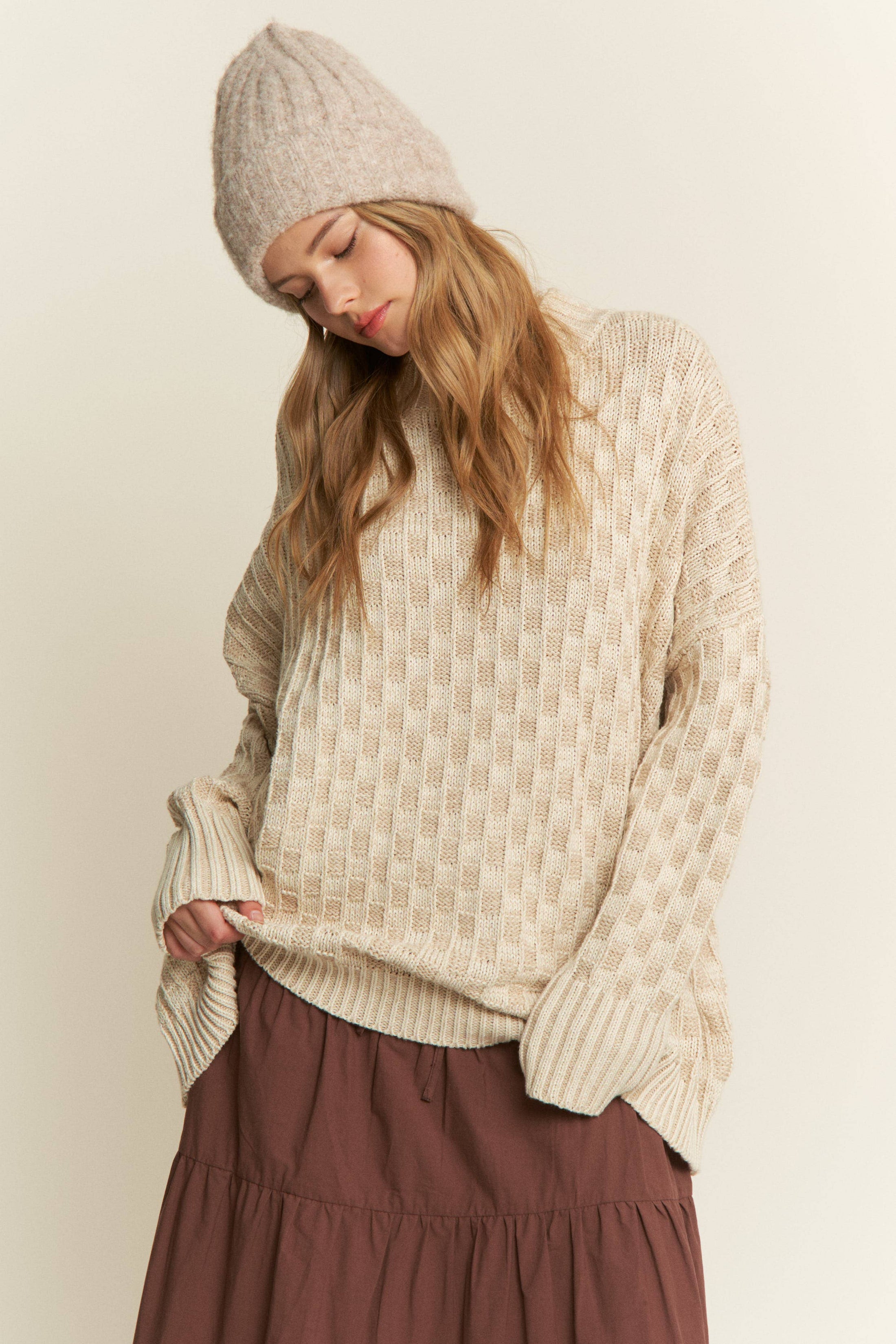 Cleo Oversized Mock Neck Checkered Sweater