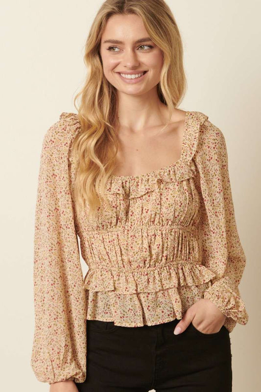 FLOWER PRINT SQUARE NECK PEPLUM TOP