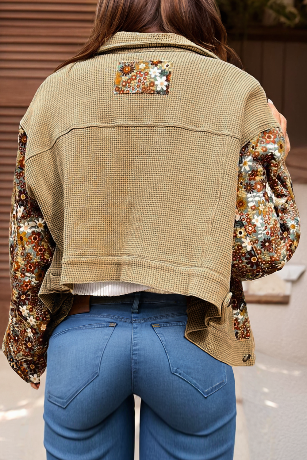 Waffle Knit Floral Print Patchwork Button up Jacket