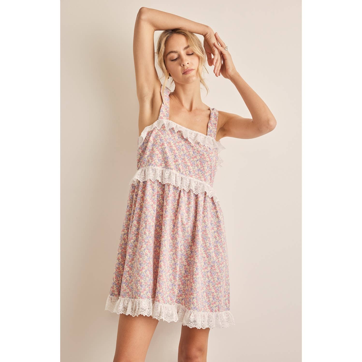 FLORAL PRINT LACE DETAIL MINI DRESS RIBBON STRAPS – Meadow +