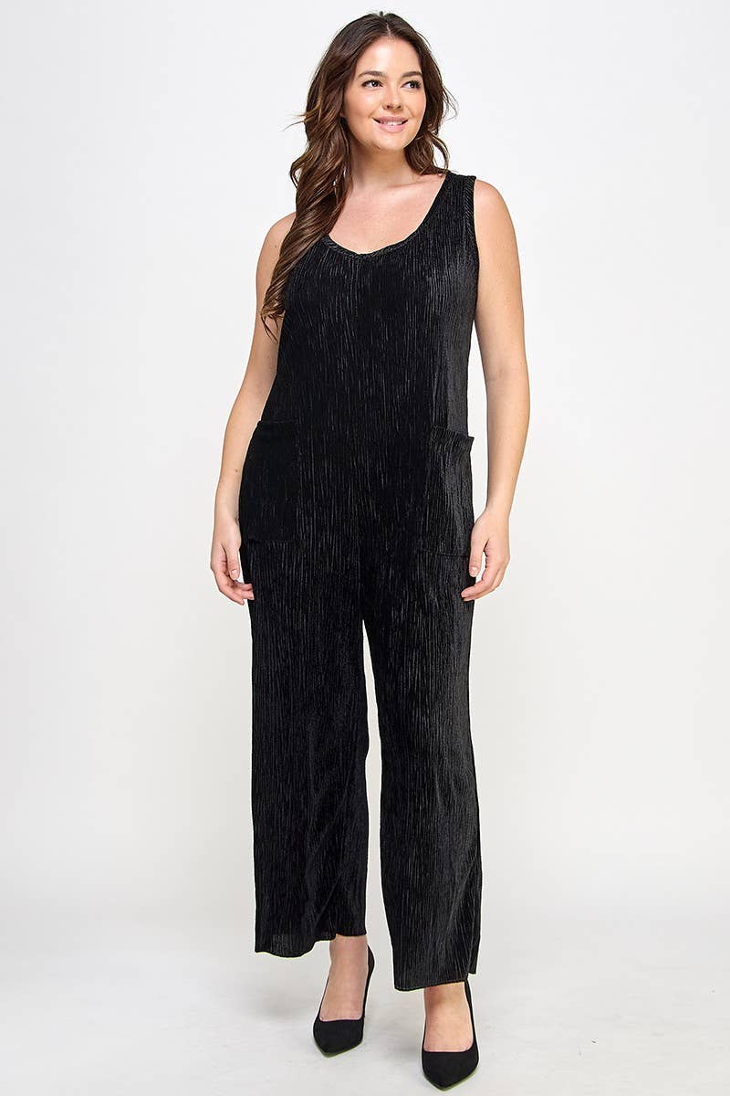 Plus Size Velvet Plisse Overall Jumpsuit