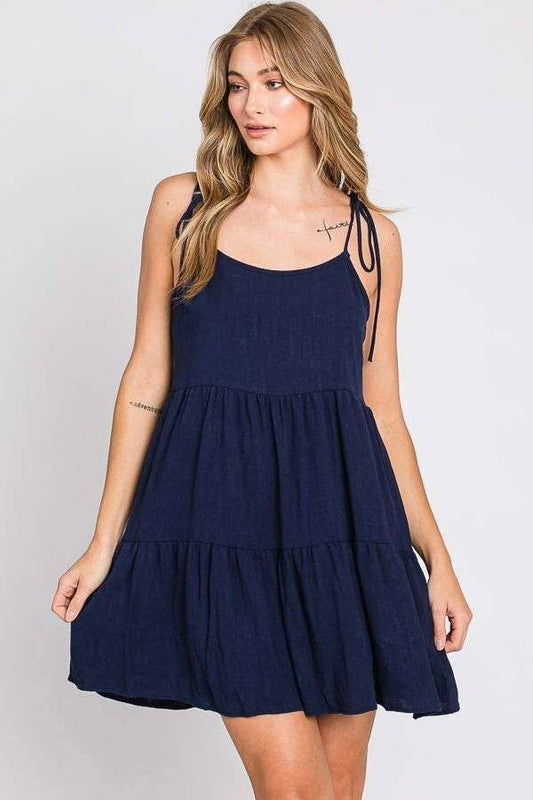 SOLID LINEN BABY DOLL STRAP DRESS