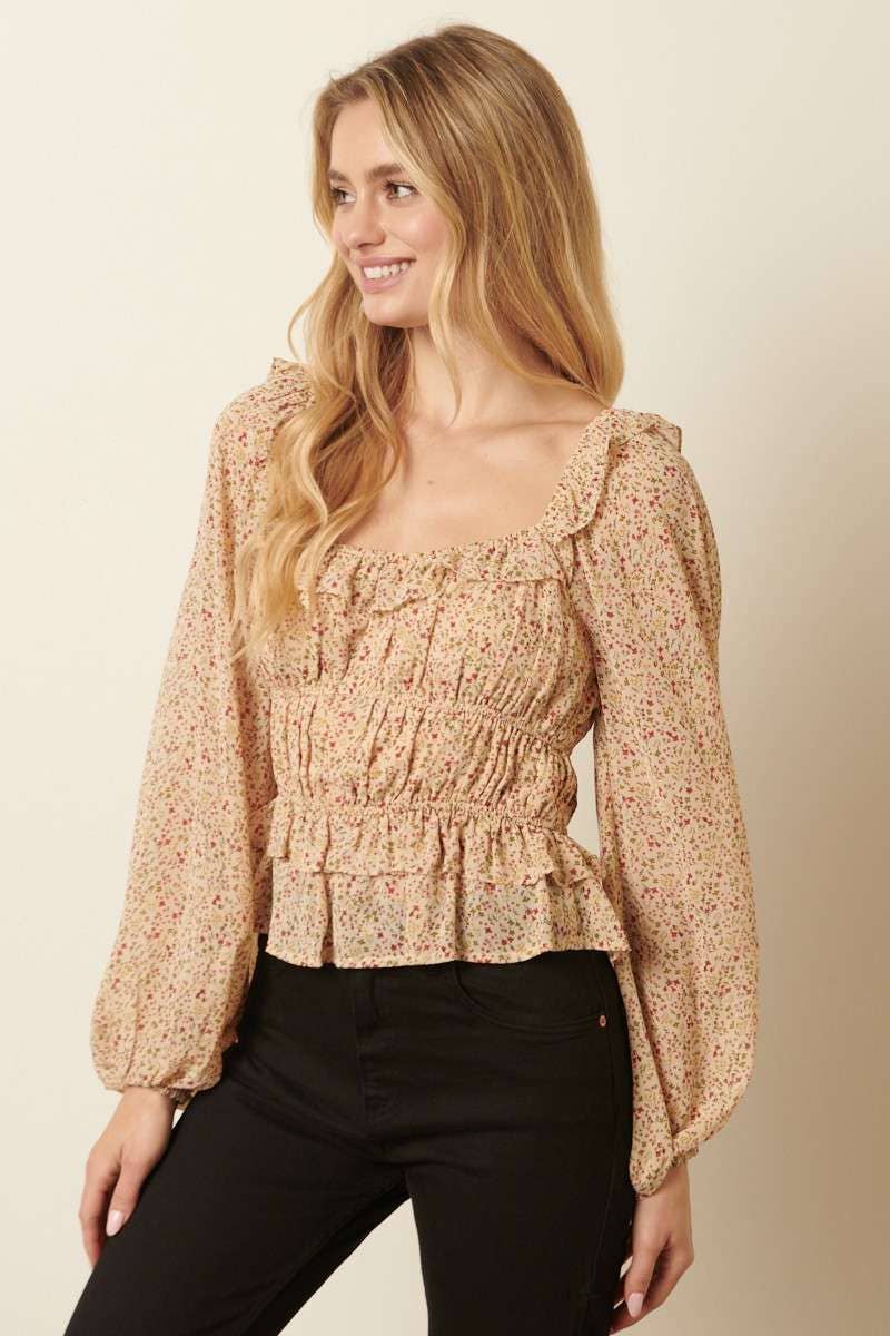 FLOWER PRINT SQUARE NECK PEPLUM TOP