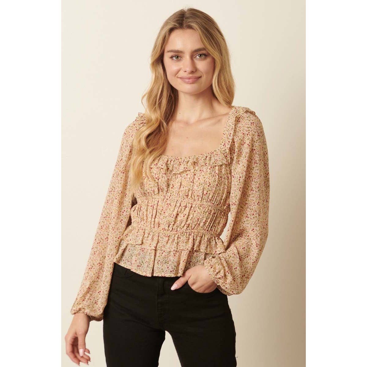 FLOWER PRINT SQUARE NECK PEPLUM TOP