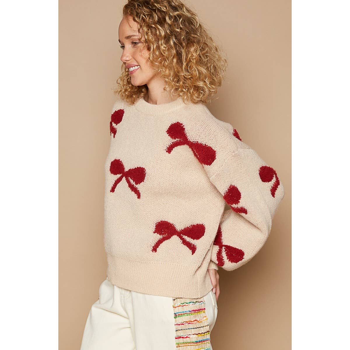 Round neck balloon sleeve ribbon pattern sweater