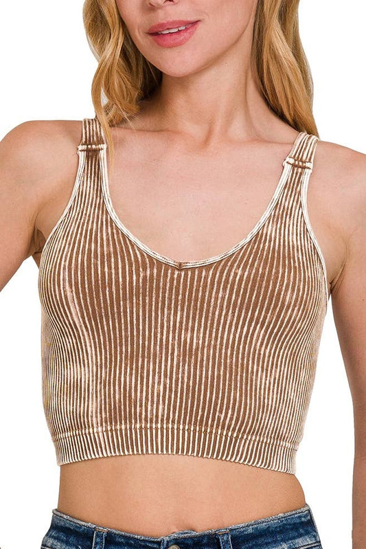 Washed Ribbed Cropped V-neck Tank Top